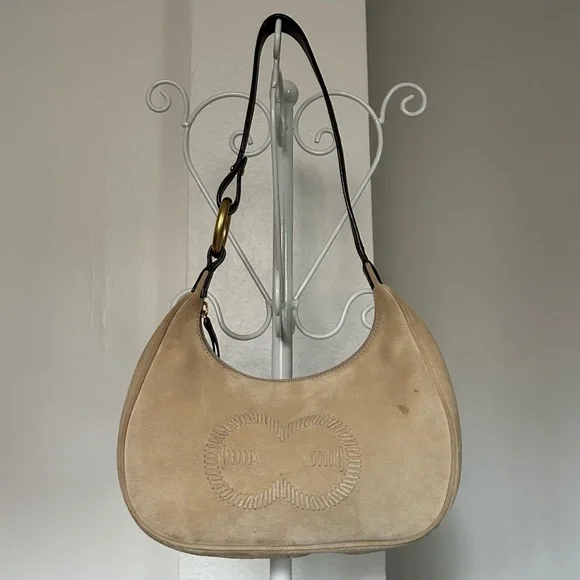 Escada Leather Trim Suede Shoulder Bag - Picture 1 of 15